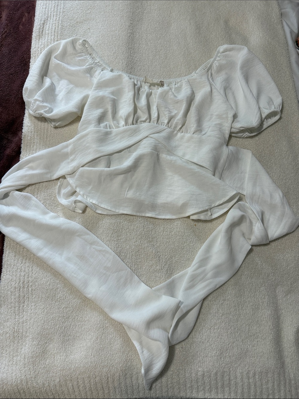 White Puff Sleeve Wrap Crop Top